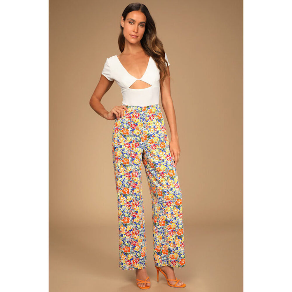 Lulus Paradise Perfection Multi Tropical Print Wide-leg Pants Blue - Size M